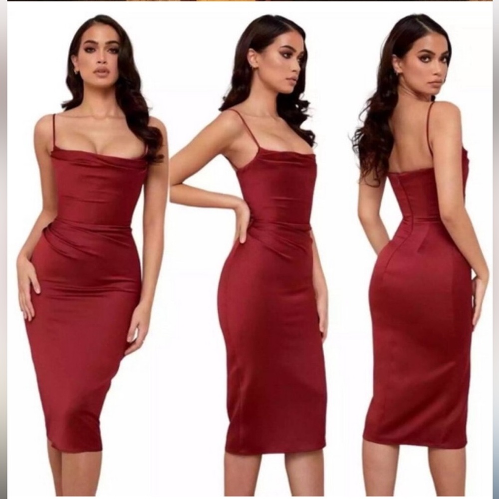 House Of CB Womens Dress Extra Small Red Anja Satin Midi Corset Draped Cocktail